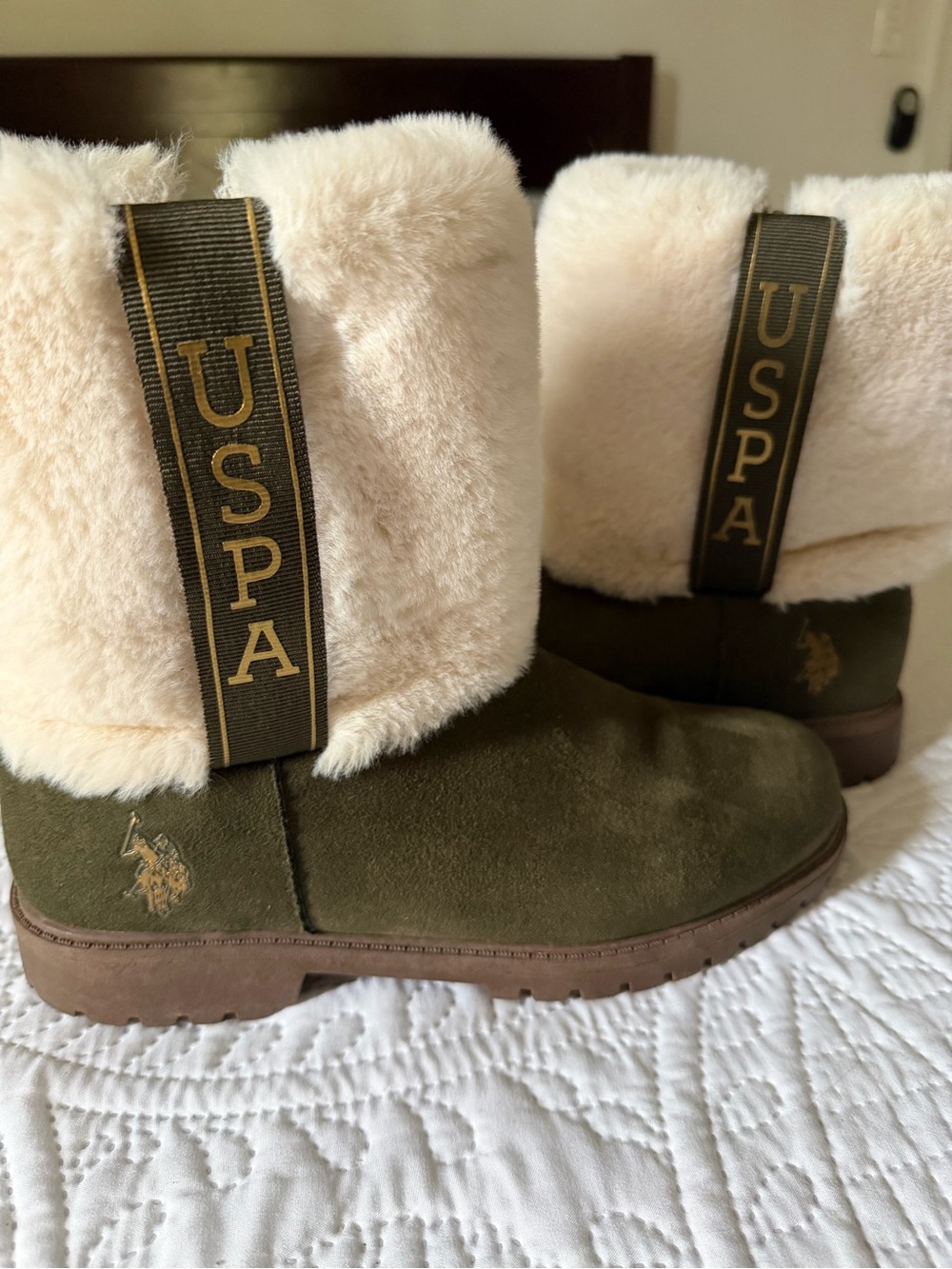 U.S. Polo Assn. Olive Green and Cream Faux Fur Ankle Boots